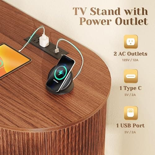 PRAISUN 54 Inch Fluted TV Stand for TVs up to 55 Inch, TV Media Console with Power Outlets and USB-C Port, Entertainment Center with Storage, Curved Sliding Doors, Adjustable Shelf, Brown thumbnail 4