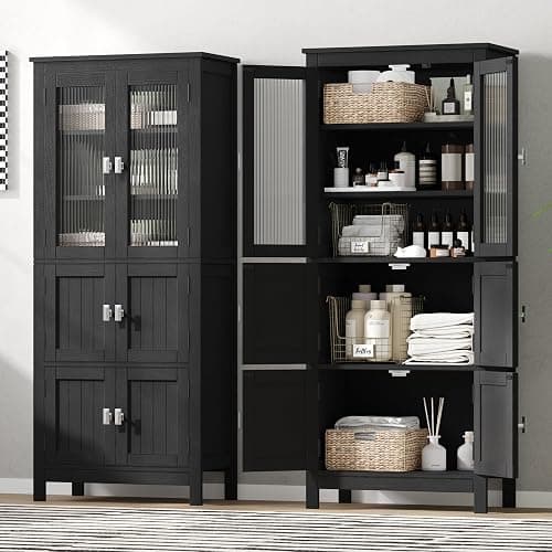 Akxomel 53.1" Tall Bathroom Storage Cabinet with 6 Doors and Adjustable Shlef, Bathroom Organizers and Storage, Linen Cabinet, Cupboard for Living Room, Kitchen, Entryway, Black thumbnail 7