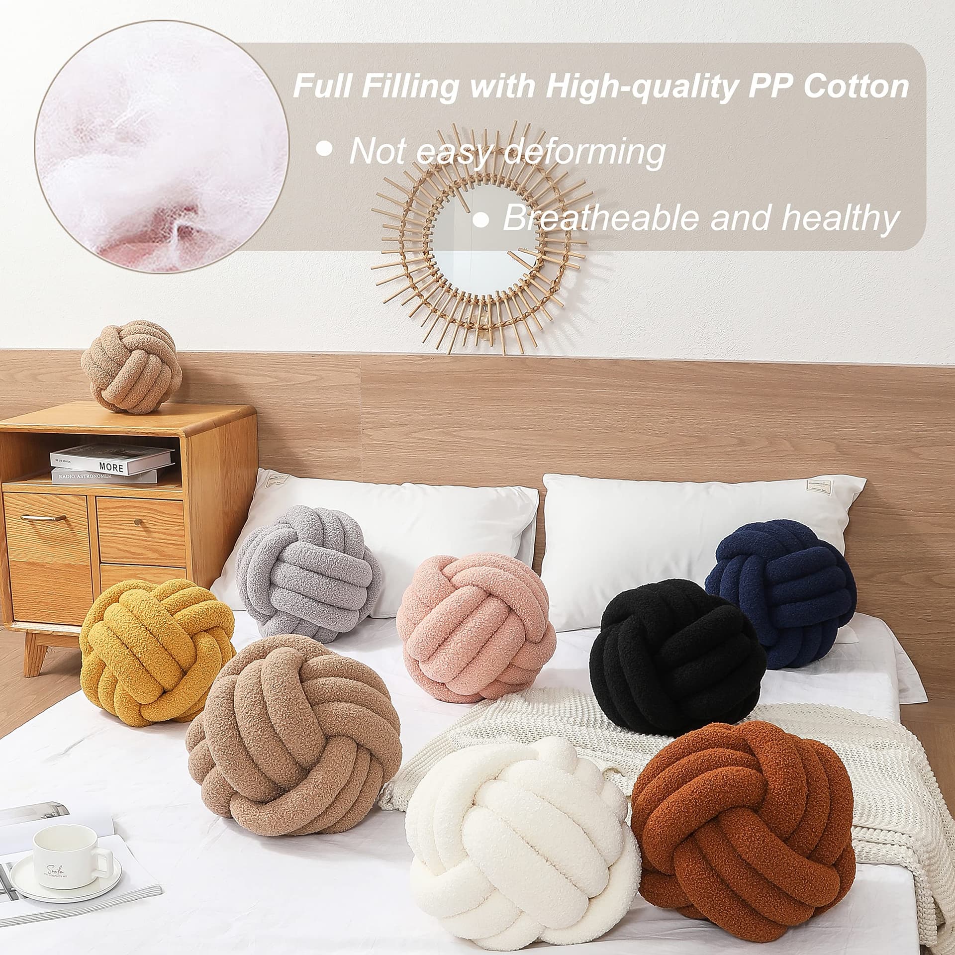 Knot Pillow Ball Round Throw Pillow Decorative Pillow for Bed Soft Ball Pillow White Knotted Pillows Couch Cushions (Small,8.6inches) thumbnail 6
