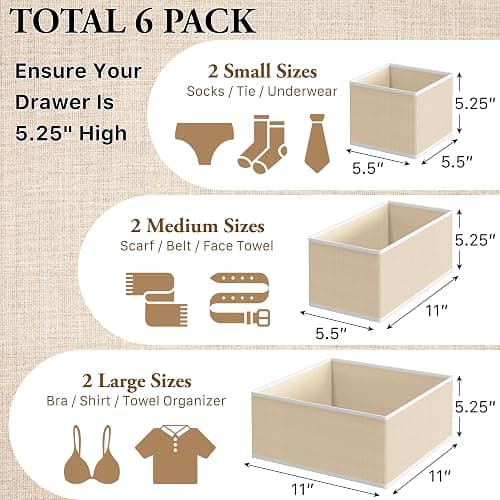 Simple Houseware Underwear Drawer Organizer for Lingerie/Undergarment/Bra/Panty/Sock/Onesie, Set of 6, Beige thumbnail 3