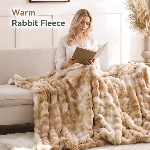 Smoofy Faux Fur Throw Blanket for Couch - Tie-dye Camel Soft Cozy Bubble Blanket, Beige Fluffy Plush Fuzzy Throw for Sofa & Bed, Thick Lightweight Warm Blanket, Luxury Aesthetic Gift for Women 60x80 thumbnail 5