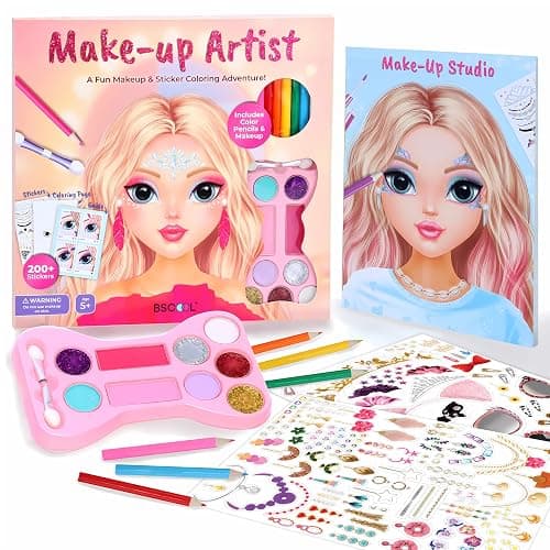 BSCOOL Make-up Artist. 3 in 1 Fun Makeup, Sticker, Coloring Kit, Includes Color Pencils, Makeup Palette, and 200+ Stickers. for Girls Ages 5,6,7,8. Christmas Gift for Girls - Image 1