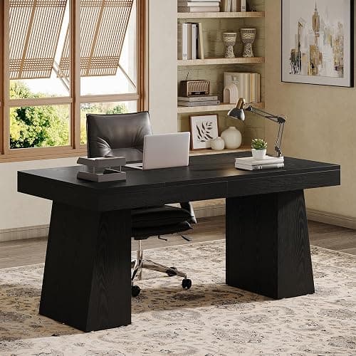 Tribesigns 55" Executive Desk, Wooden Office Desk with Double Pedestal, Modern Simple Computer Writing Table for Home Office, Black thumbnail 4