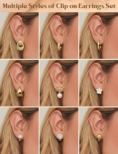 LOLIAS Clip On Earrings for Women 14K Gold Plated Clip Earrings Non Pierced Ears Clips CZ Pearl Knot Twist Chunky Hoop and Studs Earring Set Hypoallergenic Fake Earings Jewelry thumbnail 4