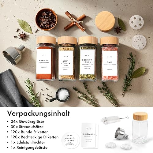 EDELHAUS Gewürzgläser Eckig Set mit Bambusdeckel (24 x 120ml) Gewürzstreuer mit Streueinsatz und 240 Etiketten Weiß - Holzdeckel Gewürzbehälter, Gewürzdosen, Gewürze organizer [11cm x 4,5cm] thumbnail 7