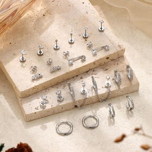 Florideco 14K Gold Plated Earrings for Women Hypoallergenic 20G Surgical Stainless Steel Flat Back Stud Earrings Dainty Stackable Earring Stacks Small Cartilage Earring Sets for Multiple Piercing thumbnail 5