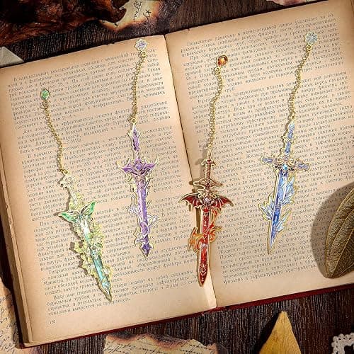 4pcs Fantasy Sword Bookmarks for Books, Journals, Planners - Cool Metal Book Markers for Reading Women & Men, Unique Book Marks Gifts for Book Lovers, Reading Accessories for Students & Adults & Kids thumbnail 9