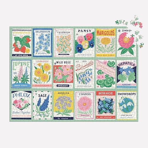 Galison Ever Upward – 1000 Piece Puzzle Fun and Challenging Activity with Bright and Bold Artwork of Vintage Style Flower Seed Packets for Adults and Families thumbnail 3