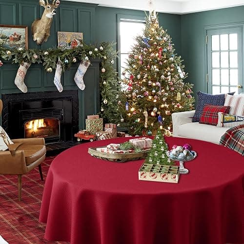 Biscaynebay Round Christmas Tablecloths 60" for Round Tables diameters from 28" to 48", Red Textured Fabric Water Resistant Folding Table Covers Washable for Dining, Kitchen, Wedding, Parties thumbnail 6