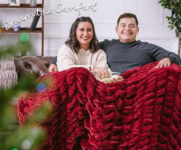 Chanasya Premium Ruched Faux Fur Throw Blanket - Luxurious, Soft Reversible Mink Blanket - 50" x 65” - Red Maroon thumbnail 7
