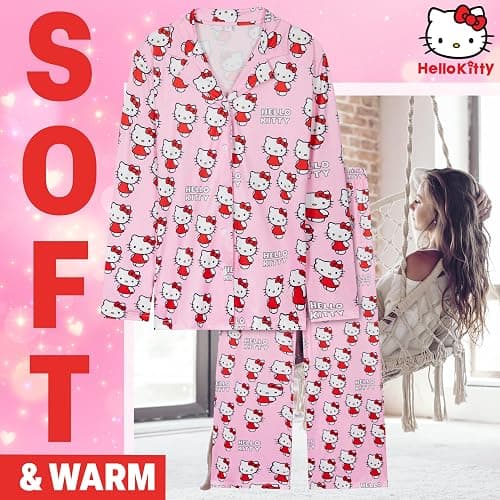 Hello Kitty Pajamas for Women Teens Long PJs Comfy Kawaii Button Down Lounge Set thumbnail 5