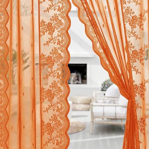 KYMRose Orange Sheer Lace Curtains 84 Inches Long, 2 Panels Country Rustic Flower Curtains for Living Room, Rod Pocket Privacy Scalloped Sheer Lace Panels, Orange 52 x 84 Inch thumbnail 2