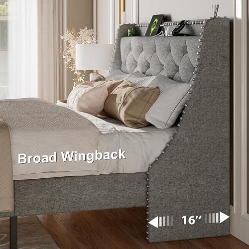 Feonase Queen Bed Frame with Luxury Wingback Upholstered Button Tufted Storage Headboard, Queen Platform Bed with Charging Station, Sturdy Wooden Slats Support, Noise-Free, Easy Assembly, Light Gray - Light Gray - Queen thumbnail 4