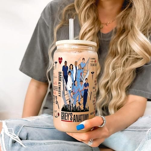 Sip-Sip Hooray! Greys Anatomy 16oz Glass Can Cup with Lid and Straw, Grey Sloan Quote Iced Coffee Tumbler, Dishwasher Safe Nurse Gift, Medical Student Glass Mug, Inspirational Drinkware for Women thumbnail 3
