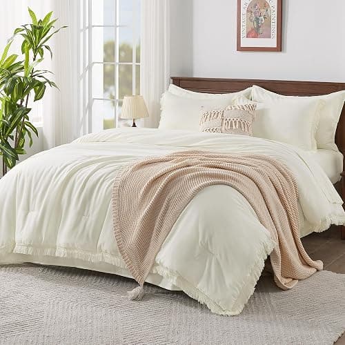 Andency Ivory King Size Comforter Set with Sheets - 7 Pieces Boho Tassel Bed in a Bag Soft Lightweight Bedding Sets, Ivory Fringe Bed Set with Comforter, Sheets, Pillowcases & Shams - Image 1
