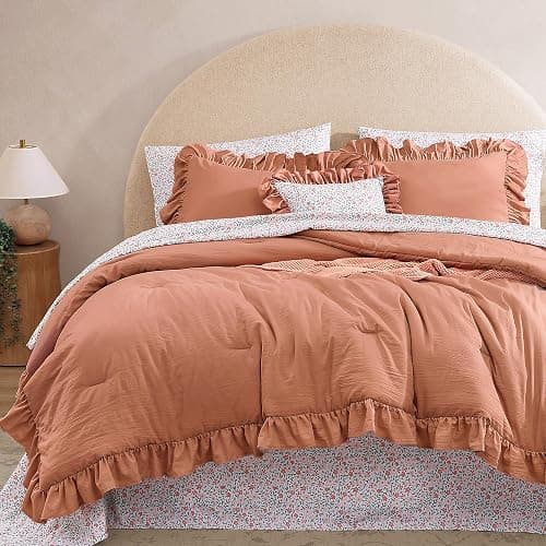 BLOOMHAVEN Queen Comforter Set - 7 Pieces Ruffle Autumn Leaf Bedding Sets, Shabby Chic Farmhouse Bed in a Bag Queen with Ruffle Comforter, Floral Sheets, Pillowcases & Shams - Image 1