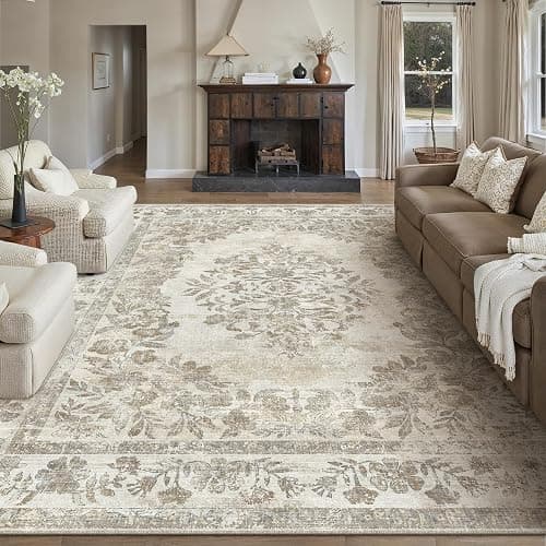 PureCozy 9x12 Area Rug Beige Washable Vintage Distressed Living Room Carpet Large Bedroom Indoor Medallion Floral Non Slip Retro Throw Floor Mat for Office Dining Room Kitchen Bathroom - Image 1
