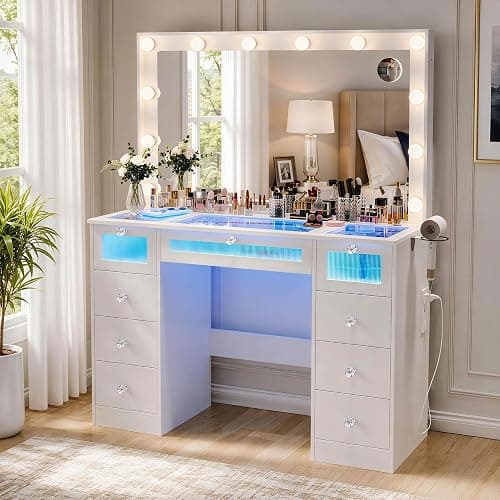 IFSEB Makeup Vanity Desk with Lights, White Vanity Glass Top, 36.9'' Mirror | 9 Drawers, 3 Color Bulbs, RGB Lighting, Charging Station, 10X Magnifying Mirror, Crystal Knobs, Hair Dryer Rack, Fir Wood thumbnail 6