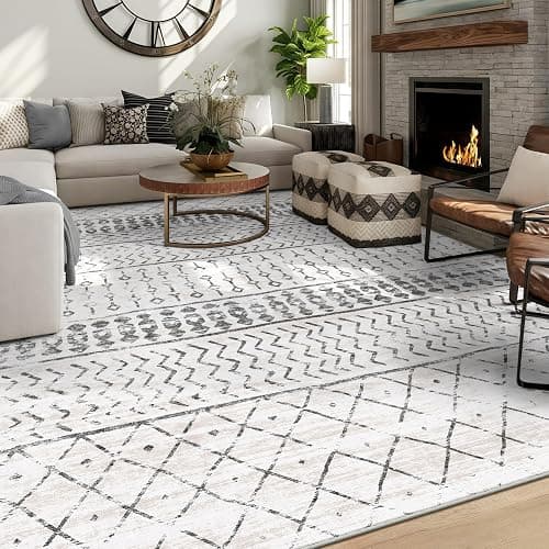 6x9 Machine Washable Area Rug for Living Room, Grey White Vintage Moroccan Rug Large Non-Slip Low Pile Soft Faux Wool Carpet, Kids and Pets Friendly for Bedroom Dining Room Farmhouse Home Decor Rug - Image 1