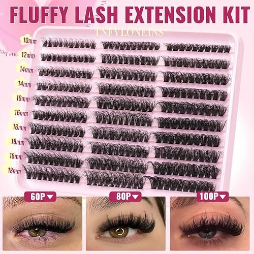 Fluffy Lash Extension Kit 60D+80D+100D Lash Clusters Thick Eyelash Extension Kit 10-18mm Individual Lashes Kit 300PCS Eyelashes Extension with Bond and Seal and Lash Extension Tweezers by TNFVLONEINS thumbnail 3