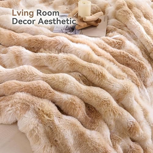 Smoofy Faux Fur Throw Blanket for Couch - Tie-dye Camel Soft Cozy Bubble Blanket, Beige Fluffy Plush Fuzzy Throw for Sofa & Bed, Thick Lightweight Warm Blanket, Luxury Aesthetic Gift for Women 60x80 thumbnail 6