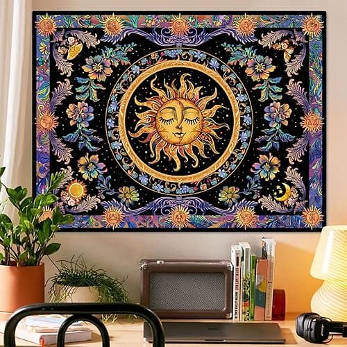 Accnicc Sun and Moon Tapestry Psychedelic Floral Plant Tapestries for Bedroom Aesthetic Hippie Boho Flower Tapestry Wall Hanging for Dorm Living Room (48'' × 36'') thumbnail 3