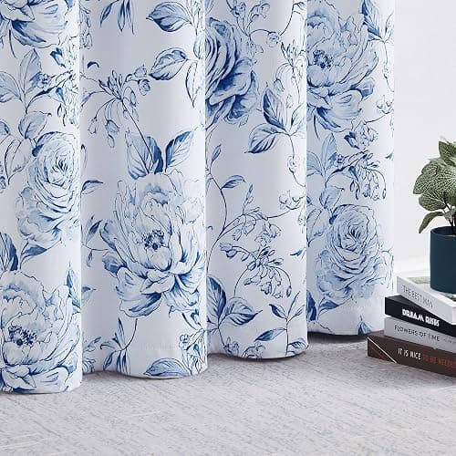 Beauoop Floral 100% Blackout Curtains for Bedroom Navy Blue 50x63 2 Panels | Rose Flower Patterned Room Darkening Drapes for Living Room 90 Inch Long Farmhouse Thermal Insulated Soundproof Grommet thumbnail 5