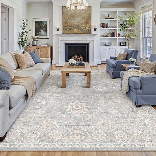 WondRg 8x10 Blue Cream Neutral Area Rug | Washable, Vintage, Soft, Non Slip, Low Pile, Distressed, Carpet for Living Room Bedroom Dining Room Nursery Home Decor - Image 1