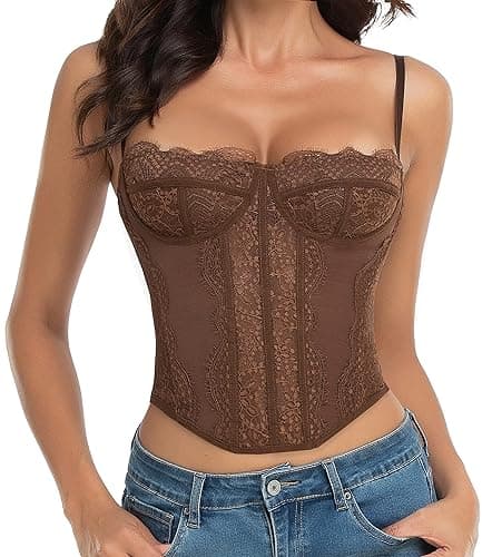 Raxnode Lace Bustier Corset Tops for Women - Sexy Going Out Party Club Top with Buckle - Coffee - Medium