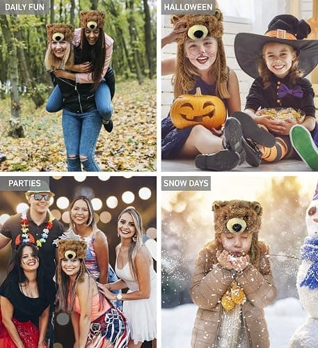 Puzzled Brown Grizzly Bear Hat - Soft Plush Animal Beanie with Ear Flaps, Cozy Fleece, Warm Winter Hat for Kids, Teens, Adults - One Size thumbnail 3
