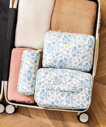 HBselect 3 PCS Quilted Makeup Bag, Cotton Large Travel Makeup Bag, Cute Floral Coquette Make up Bag Cosmetic Bag Toiletry Bag for Women Girls thumbnail 3