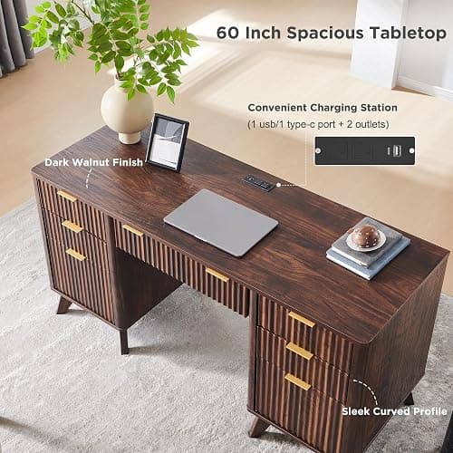 T4TREAM Fluted Executive Desk with Drawers, 60" Modern Home Office Computer Desk with Charging Station, File Cabinet, Keyboard Tray and Storage Cabinet for Study, Living Room, Bedroom, Dark Walnut thumbnail 5