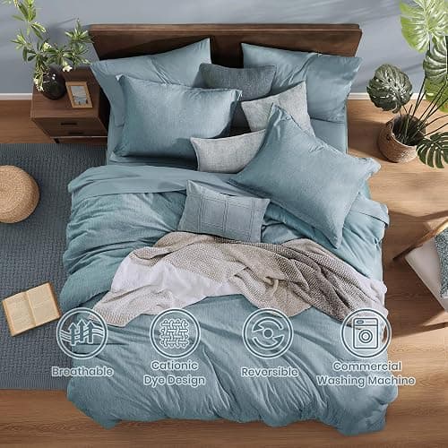 Monbix Full Size Comforter Set-7 Pieces Dusty Blue Cationic Dyeing Bed in a Bag Full Bedding Sets with Comforter, Sheets, Pillowcases & Shams, All Season Reversible Bedding Comforters thumbnail 4
