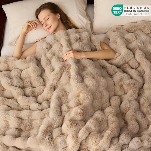PLUUSHUU Faux Fur Throw Blanket for Couch, Fluffy Fuzzy Plush Bubble Blanket, Soft Warm Cozy Shaggy Rabbit Blanket, Luxury Decorative Gifts for Sofa Bedroom Living Room, 60x50inch (Naked Color) thumbnail 5