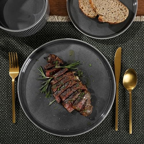Gibson Elite Solana Coast 12 Piece Stoneware Reactive Glaze (Service for 4) Ceramic Plates and Bowls Modern Shape Embossed Dinnerware Set - Black thumbnail 2