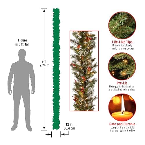 National Tree Company 9 ft Pre-Lit Wintry Pine Flocked Artificial Christmas Garland, Christmas Decoration with Pinecones, Red Berries, 100 Clear Lights, 184 Tips, Green thumbnail 3