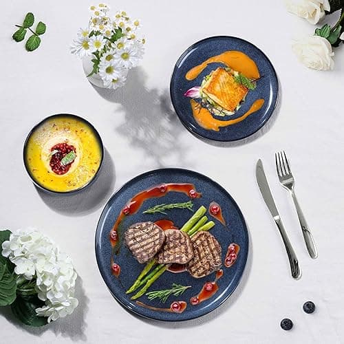 Herogo 12 Pieces Dinnerware Set Stoneware Service for 4, Dinner Plates and Bowls Sets, Double Reactive Glaze Dishes Set for Kitchen, Scratch Resistant, Microwave & Dishwasher Safe, Starry Blue - 12 - Starry Blue thumbnail 9