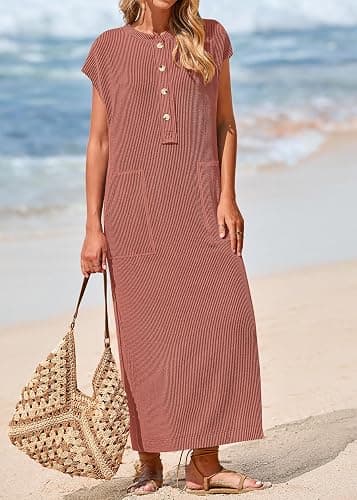KIRUNDO Womens Summer Dresses 2026 Spring Ribbed Knit Henley Short Sleeve Maxi Dress Button Up Loose Beach Vacation Sundress thumbnail 3