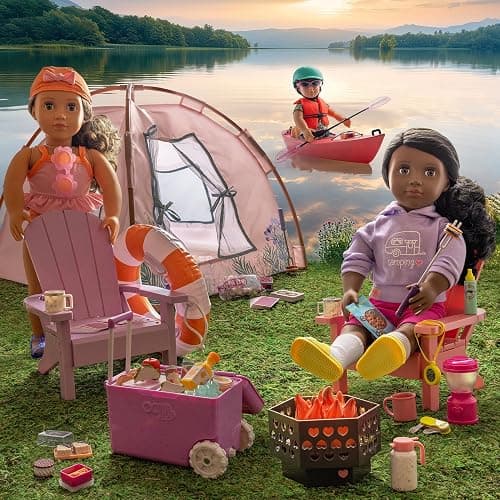 Our Generation Doll Tent Playset, Camping Nights, 18-Inch Camping Toy | Pink camping tent with floral print, 13 assembly pieces, marshmallows, roasting stick, cards for pretend play, 3+ Years thumbnail 2