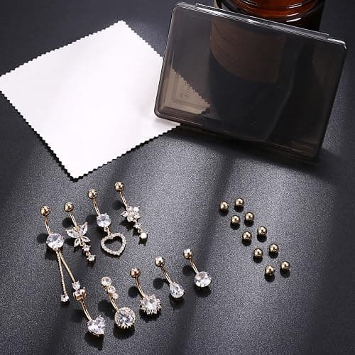 ZELORES 9/10PCS Surgical Stainless Steel Hypoallergenic Belly Button Rings with Extra Replacement Balls, Trendy Dangle Belly Button Piercing Jewelry for Women, 14G - Silver Plated/14K Gold Plated/Rose Gold Plated thumbnail 6