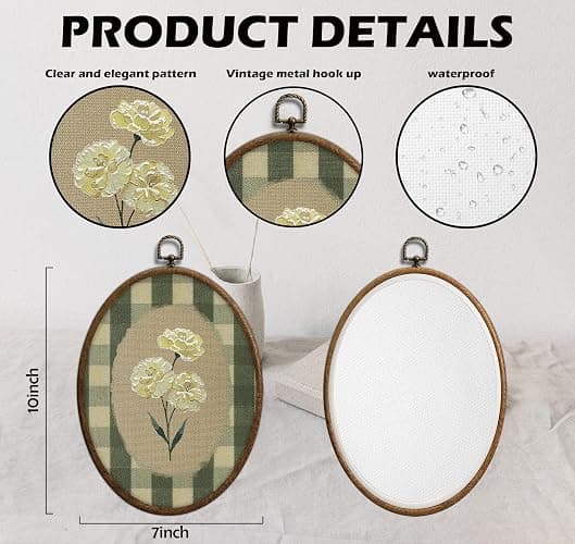 Flower Oval Wall Art, Green Gingham Oval Cottage wall Decor, Retro Botanical Grandma Cottage Core Home Decor for Western Farmhouse Bedroom Living Room, Home Retro Decor Products, 7x10 Inches, 15 thumbnail 3