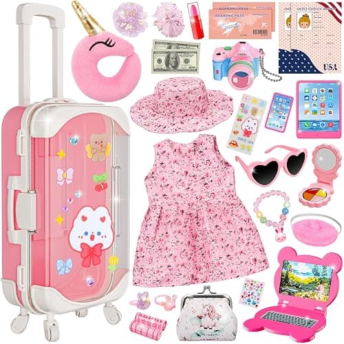 XFBB Doll Suitcase Travel Set, 18 inch Doll Clothes and Accessories - 28 Pcs Travel Pillow, Unicorn Bag, Sunglasses, Camera, Computer, Phone, Passport, Birthday Gift for Age 3 4 5 6 Year Old Girls - Image 1