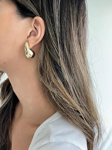 PAVOI 14K Gold Plated 925 Sterling Silver Post Teardrop Chunky Hoop Earrings - Lightweight Drop Earrings for Women - Designer Dupe thumbnail 4