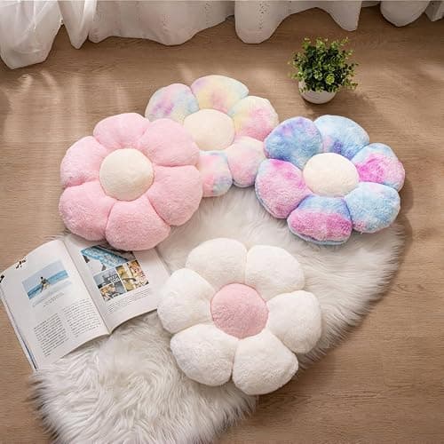 JZNEXD 2 Pcs Pink White Throw Pillows Cute Flower Pillow Daisy Flower Shaped Floor Cushions Set, Preppy Decorative Throw Pillows for Girls Bed Bedroom Couch Decor (White & Pink, 15 INCH) thumbnail 2