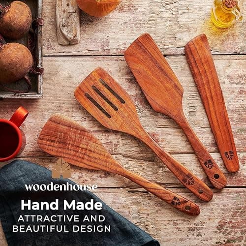 Wooden Spatula for Cooking, Teak Spatulas for Kitchen Use - Wooden Cooking Utensils Set of 4 including Paddle, Turner, Slotted Spurtle and Wood Scraper. Nonstick cookware, Kitchen Gifts for Women Men thumbnail 8
