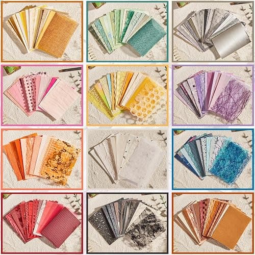 208 Sheets A7 Scrapbook Paper Kit, 12 Colors Mixed Textured Paper and Mesh Fabric Assorted Set, Junk Journal Supplies for DIY Crafts, Bullet Journal, Card Making, Scrapbooking thumbnail 4