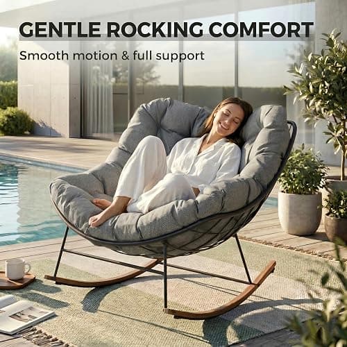 Grand patio Outdoor Rocking Chair, Oversized Papasan Rocking Chair with Thick Cushion, Indoor Outdoor Cozy Rocker for Balcony, Living Room, Patio, Gray thumbnail 4