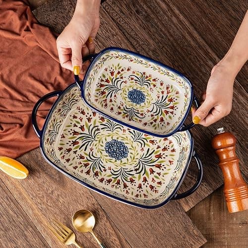 ONECCI Baking Dish Ceramic Baking Pan Blue Casserole Dish Rectangular Baking Set 2pcs Bakeware Sets Single Serving Size Lasagna Pan Baking Dishes for oven (The tulip) thumbnail 5