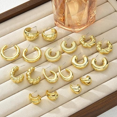 42 Pairs Gold Hoop Earrings Set for Women, Fashion Chunky Pearl Earrings Multipack Twisted Statement Earring Pack, Hypoallergenic Small Big Hoops Earrings for Birthday Party thumbnail 4