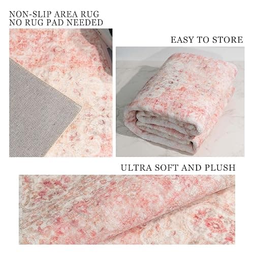 Castage Pink Rug 3x5,Washable Area Rugs for Bedroom Living Room Kitchen Entryway,Small Boho Vintage Bohemian Distressed Non Slip Carpet,Blush thumbnail 6